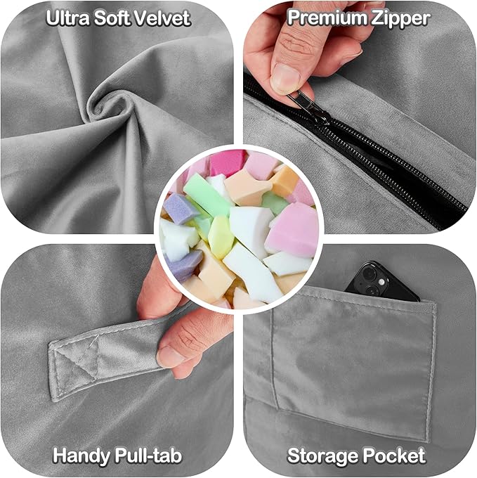 Homguava 5 FT Bean Bag Chair: 5' Bean Bags with Memory Foam Filled, Large Beanbag Chairs Soft Sofa with Dutch Velvet Cover-Light Grey