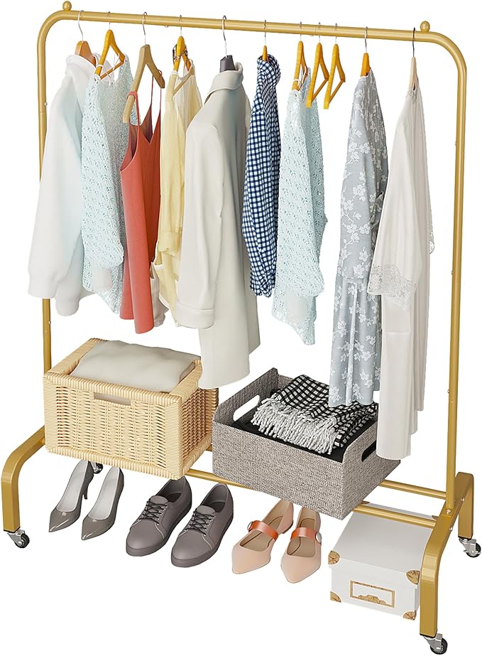 JIUYOTREE Metal Clothing Rack with Wheels 43.3 Inches Rolling Clothes Garment Coat Rack with Bottom Shelf Clothing Rack for Hanging Clothes Coats Skirts Shirts Sweaters Gold