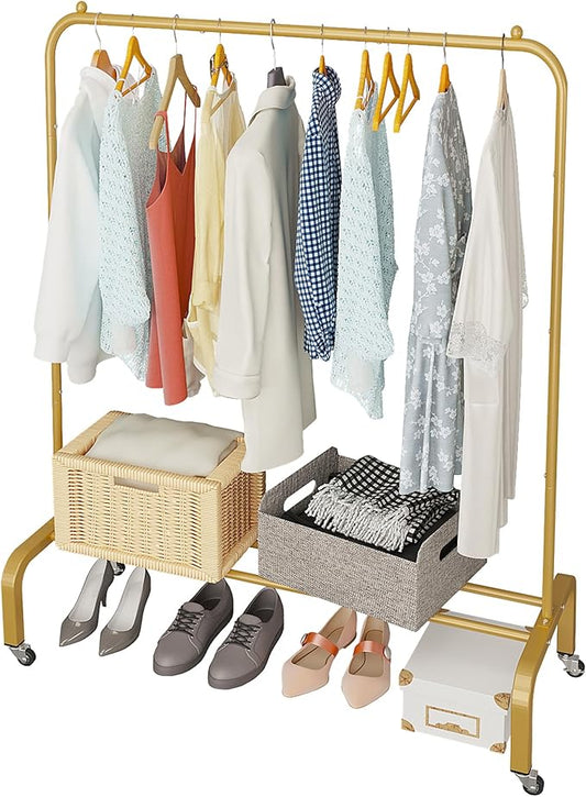 JIUYOTREE Metal Clothing Rack with Wheels 43.3 Inches Rolling Clothes Garment Coat Rack with Bottom Shelf Clothing Rack for Hanging Clothes Coats Skirts Shirts Sweaters Gold