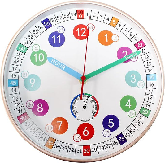 Wall Clocks,10Inch Learning Time Clock, Colorful Clock Face Silent Clocks with Simple Thermometer,Clear Digital Wall Clock (Rose Gold)