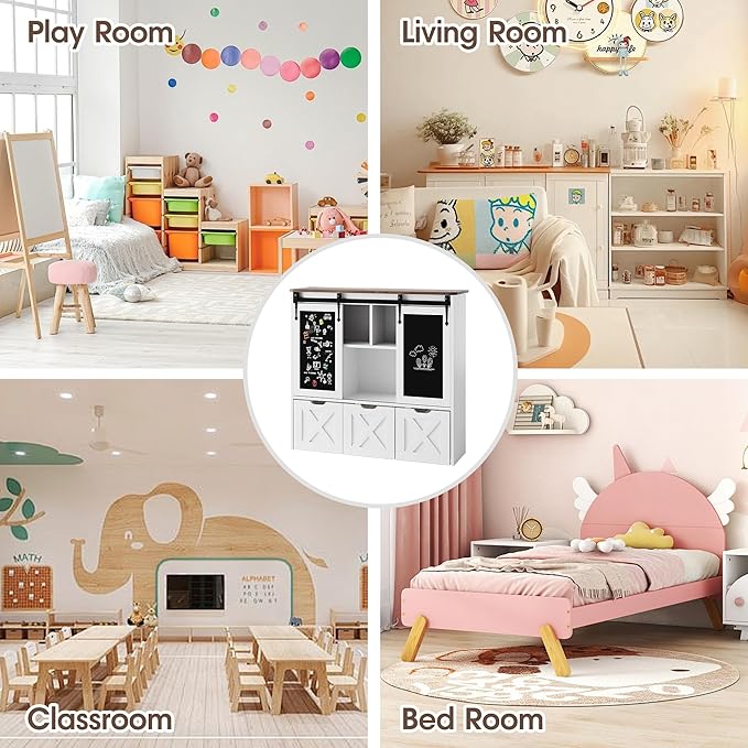 Vabches Toy Storage Organizer with Sliding Blackboard, Kids Bookshelf and Bookcase with 3 Movable Drawers & 5 Storage Cubbies, Multifunctional Storage Cabinet Toy Chest for Playroom,Nursery, Kids Room