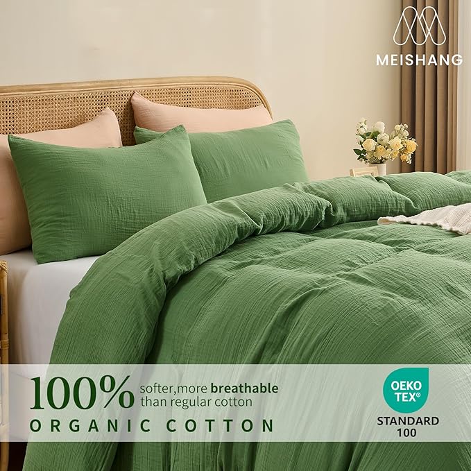 MEISHANG Muslin Duvet Cover King Size - 100% Organic Cotton, Soft Textured Gauze Weave Comforter Cover for Breathable All-Season with Zipper Closure - 3 Piece Set (King, Dusty Green)