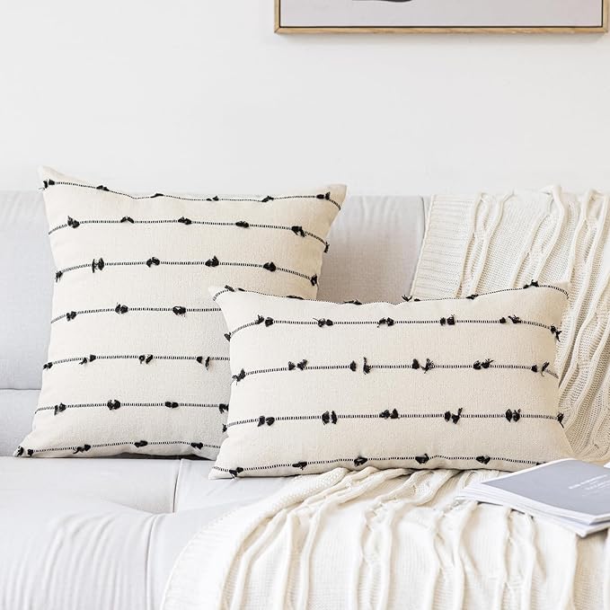 Boho Throw Pillow Covers 12x20 Set of 2 Modern Farmhouse Decorative Cushion Case Tufted Square Pillows Cover Neutral Pillow Cases Accent Pillowcase for Sofa,Couch,Bed,Beige and Black