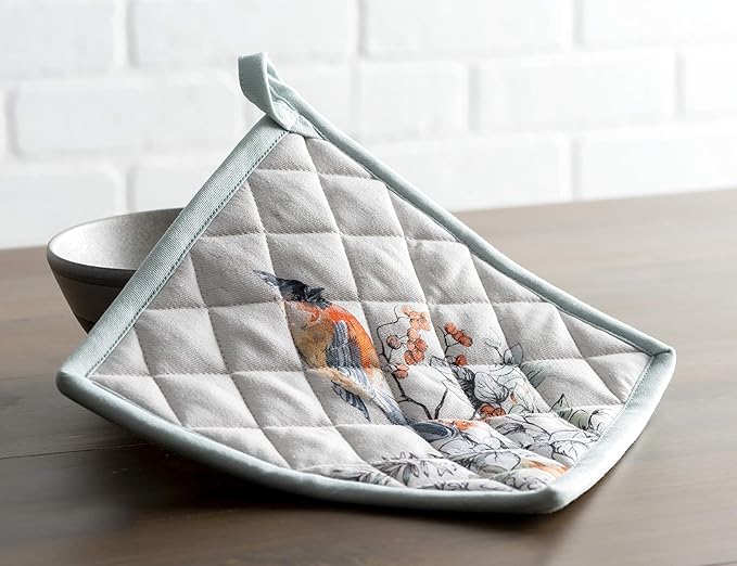 Maison d' Hermine 100% Cotton Oven Mitt & Pot Holder Set (7.5"x13" & 8"x8") Heat Resistant BBQ Cooking Gloves with Loop for Thanksgiving Christmas Decorations Handling Hot Pans (Whitish Shabby Chique)