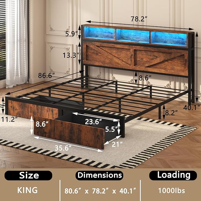 Farmhouse King Bed Frame with Bookcase Storage Headboard, Charging Station, LED Light and 2 Storage Drawers, Noise Free, No Box Spring Needed, Brown