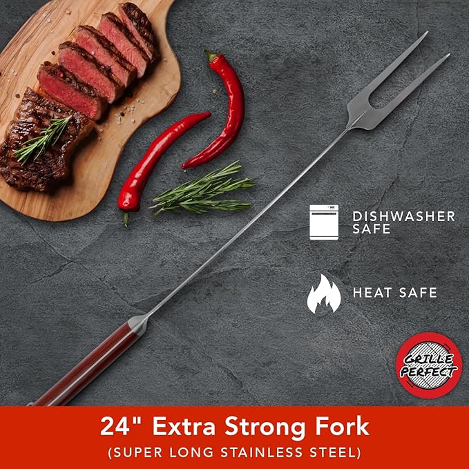 Grill Fork 24-inch Super Long for Grilling Barbecue Griddle and Fire Pit Extra Strong Curved Neck Premium Hardwood Handle Large Stainless Steel Tines for BBQ Outdoor Kitchen and Grilled Food