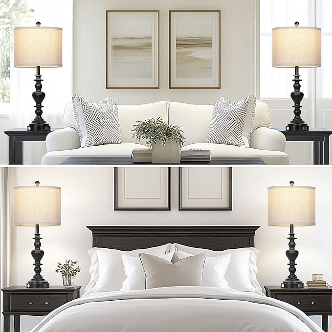 Farmhouse Table Lamps Set of 2, 27" Black Vintage Bedside Lamps with USB A+C Charging Ports, 3-Way Dimmable Touch Control Rustic Nightstand Lamp for Living Room Office(Bulbs Included)