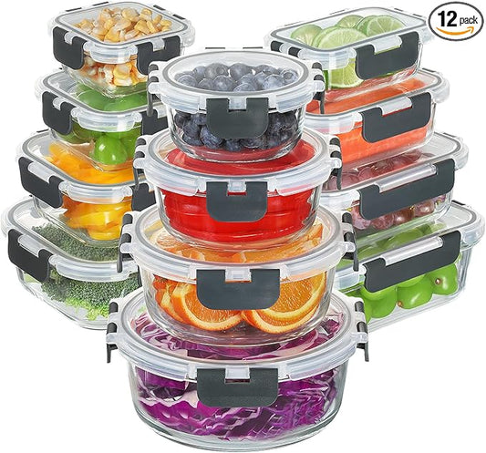 BAYZZ 24 Piece Glass Food Storage Containers with Lids, Airtight Glass Meal Prep Containers for Kitchen, BPA-Free Lunch Box, Microwave and Freezer Safe