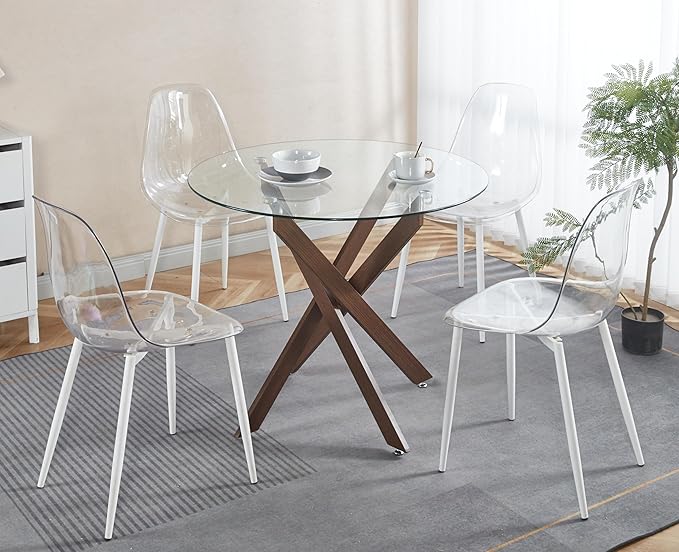 Round Glass Dining Table,Glass Dining Room Table with Tempered Glass Tabletop and Metal Legs, Modern Style Glass Kitchen Table for Home, Kitchen, Dining Room