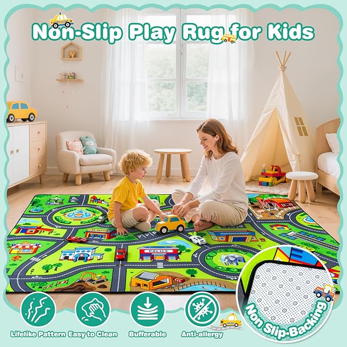 Road Car Rug, 3x5 Ft City Road Rug for Kids, Extra Thick (0.4in) Kids Floor Play Mat and Car Carpet with Realistic Colors - Perfect for Children, Soft and Non-Slip for Playroom and Bedroom