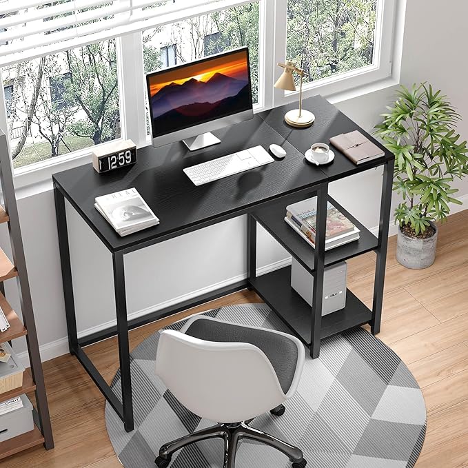 SINPAID 40'' Gaming Desk with Shelves, Black Desk for PC, Small Computer Desk, Escritorios para Computadoras