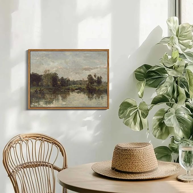 Floating Framed Canvas Wall Art - Tranquil River Landscape Pictures Prints, Countryside Vintage Scenery Paintings Wall Decor for Living Room Bedroom Office Home Decoration 12x16 inch