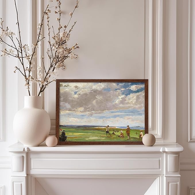 Poster Master Vintage Lady Astor Playing Golf at North Berwick Painting - Retro Golf Course Print - Sports Art - Landscape Art - Office or Living Room Decor, 8x10 Brown Framed