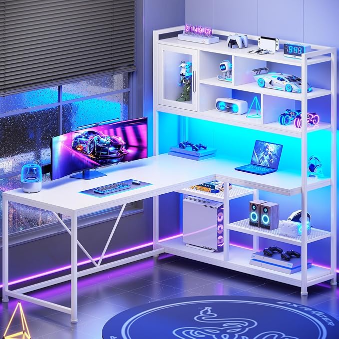SEDETA L Shaped Computer Desk, 58'' Office Desk with LED Light and Bookshelf, L Shaped Corner Desk with Storage Shelves for Home Office, Gaming Desk, L Desk, White