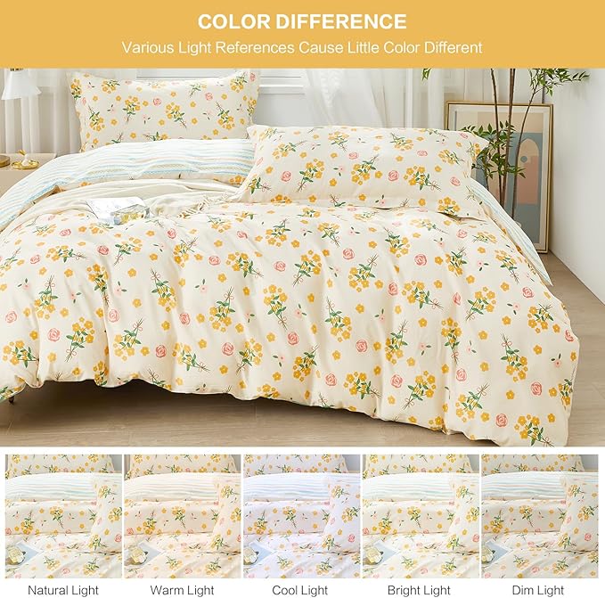 SAPHREAS Yellow Floral Duvet Cover Set Garden Style Botanical Bedding Comforter Cover Set 100% Cotton 1 Duvet Cover 68"x90" 1 Pillow Sham, Comforter Not Included