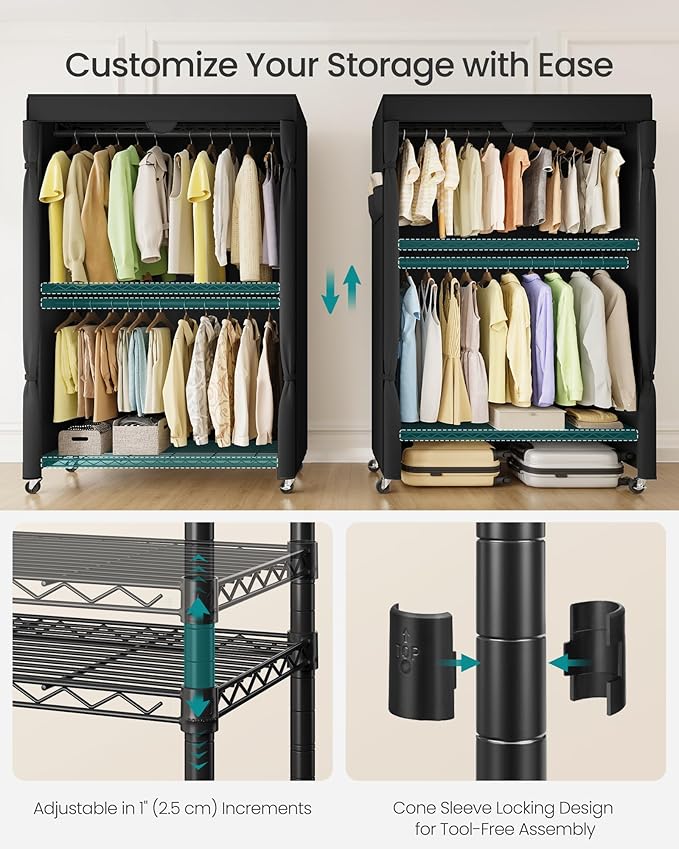 SONGMICS Heavy-Duty Rolling Clothes Rack, Garment Rack, Portable Closet, 43.3-Inch Wide Clothing Rack on Wheels, with Adjustable Mesh Shelves and Hanging Rails, Fabric Cover, Ink Black ULGR415B01