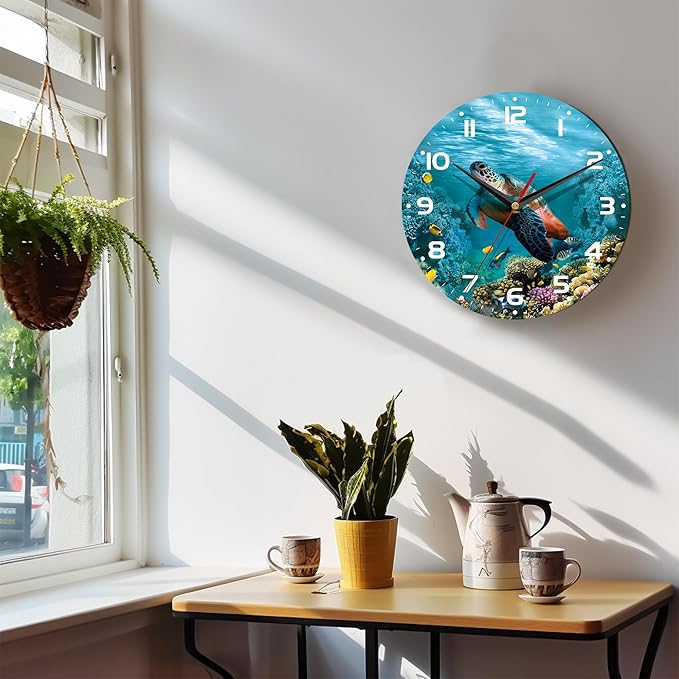 Wall Clock, 10 Inch Silent Non-Ticking Home Kitchen Decor, Battery Operated for Bathroom Bedroom Living Room Office(Sea Turtle Ocean Animals)