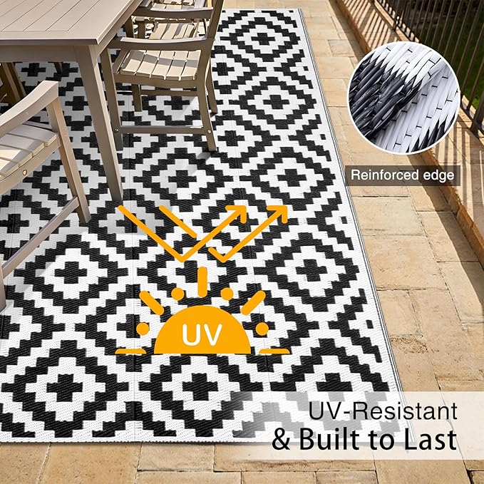 OLANLY Waterproof Outdoor Rug 4x6 ft, Outdoor Plastic Straw Rug for Camping, RV Mat Outside, Indoor Outdoor Carpet for Porch, Deck, Backyard, Balcony, Picnic, Black & White