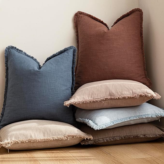 Foindtower Set of 2 Decorative Linen Fringe Throw Pillow Covers Boho Farmhouse Cushion Cover with Tassels Soft Accent Pillowcase for Couch Chair Sofa Bed Living Room Home Decor,18×18 Inch,Rust Red