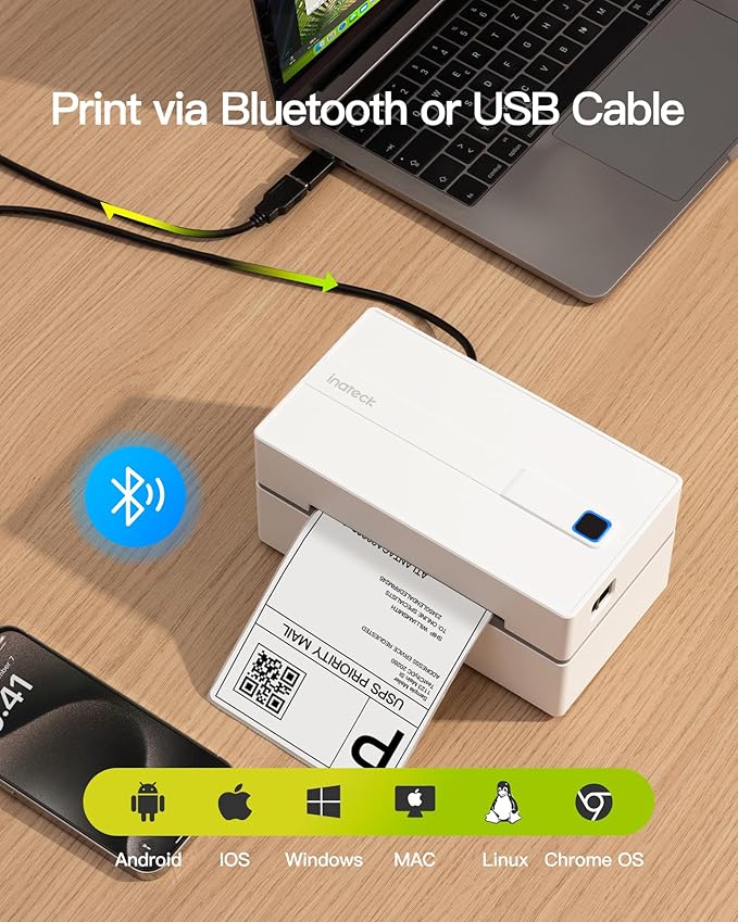Inateck Bluetooth Thermal Label Printer, Wireless 4x6 Shipping Label Printer for Shipping Packages, Compatible with iPhone, Android, iPad, Windows, MacOS, Chrome, USPS