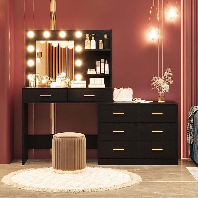 61" Vanity Desk with Mirror & Lights, White Makeup Dressing Table with 8 Drawers & 2 Shelves, 3 Lighting Modes with Adjustable Brightness for Bedroom, Black