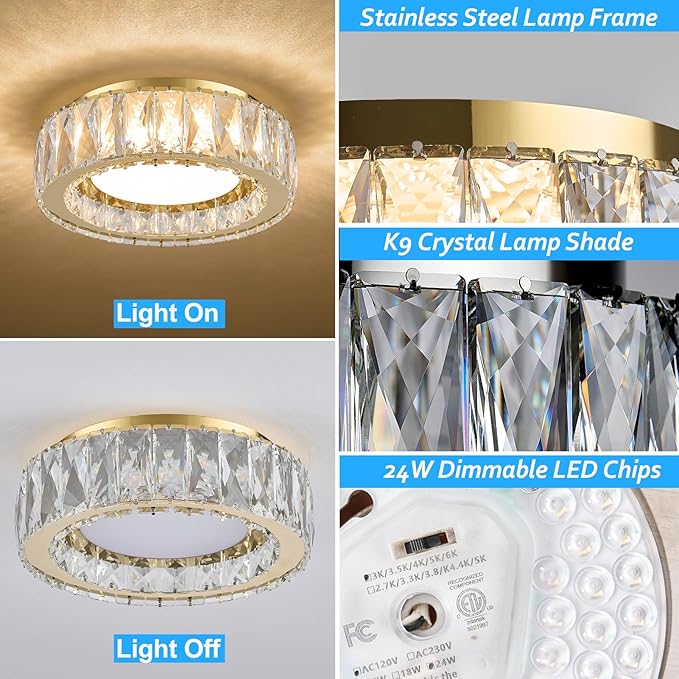11 Inch Modern Gold Luxury Flush Mount Ceiling Light,Small Crystal Chandelier, Dimmable LED 5CCT 3000K-6000K 24W Round Close to Ceiling Light Fixture for Hallway,Kitchen,Bedroom,Laundry Room