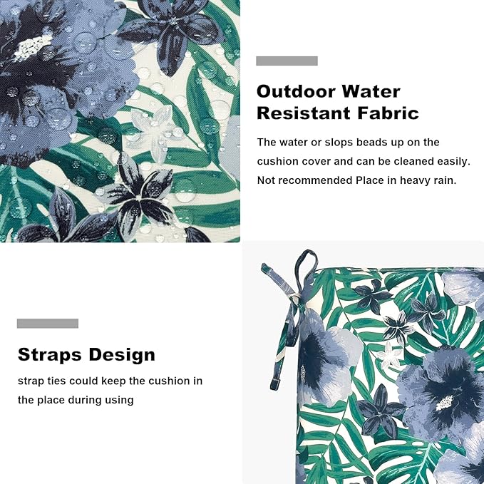 Set of 4 Outdoor Square Chair Cushions 18.5"x16"x2" for Patio, Water Resistant Patio Dining Seat Pads Replacement for Kitchen Garden and Outdoor Furniture Decoration - Blue Salmone Tropical