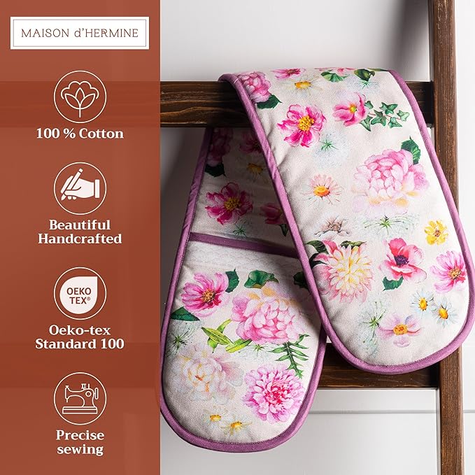 Maison d' Hermine Pivoine 100% Cotton Easter Double Oven Glove with Loop Heat Resistant for BBQ | Cooking | Baking | Grilling | Microwave | Barbecue | Spring/Summer (7.5 Inch by 35 Inch)