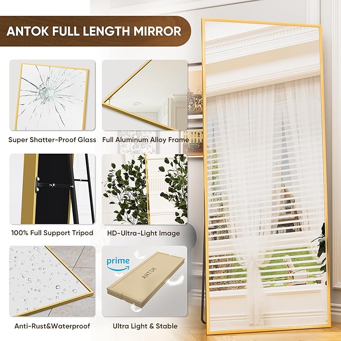 Antok Full Length Mirror, 71"x28" Floor Mirror with Stand, Hanging Mounted Mirrors for Bedroom, Living Room, Cloakroom, Dining Room, Gold, Rect