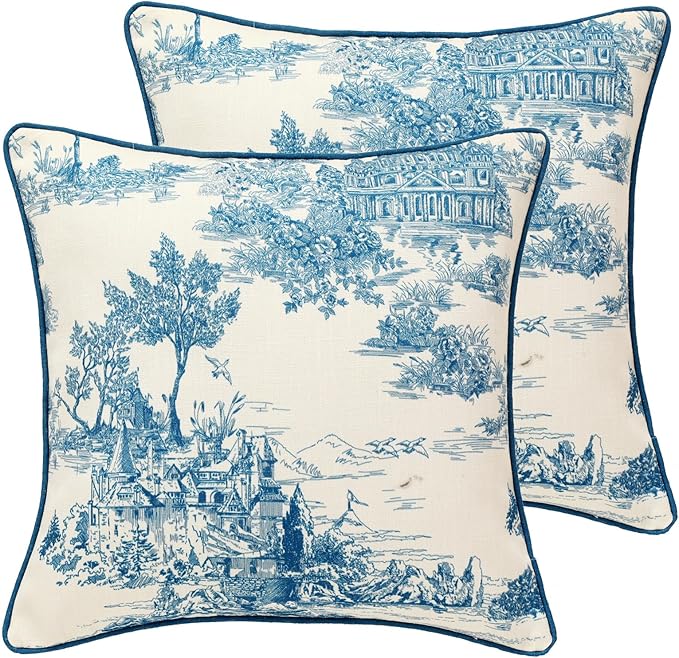 patdrea Designer Square Throw Pillow Covers Set of 2,Rustic Linen with Chinoiserie Blue Scenery Pattern Pillows Cover,Decorative Pillowcases Cushion for Bed Living Room Outdoor Car,18 x18 Inches