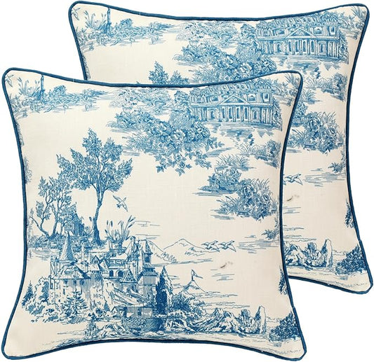 patdrea Designer Square Throw Pillow Covers Set of 2,Rustic Linen with Chinoiserie Blue Scenery Pattern Pillows Cover,Decorative Pillowcases Cushion for Bed Living Room Outdoor Car,18 x18 Inches