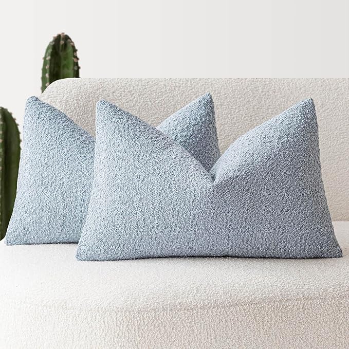 Foindtower Pack of 2 Modern Textured Boucle Lumber Throw Pillow Covers Accent Solid Decorative Pillow Cases Cozy Couch Cushion Case for Sofa Bed Living Room Home Decor, 12 x 20 Inch, Light Blue