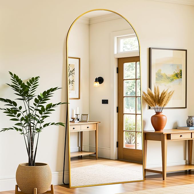 Full Length Mirror, 71"x32" Oversized Floor Mirror Freestanding, Full Body Mirror Floor Standing Mirrors with Stand, Hanging Mounted Mirrors for Bedroom Living Room, Gold, Arched Style