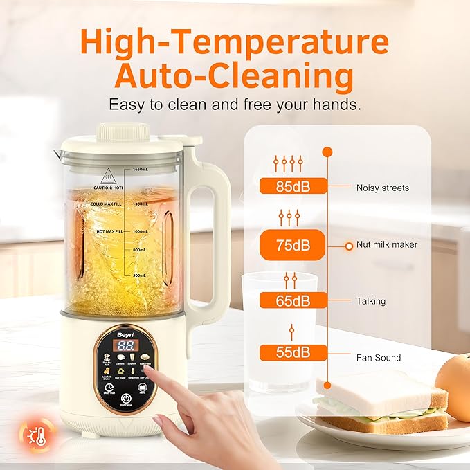 Beyn 10-in-1 Upgraded 60oz Nut Milk Maker Machine with 48-Leaf Titanium Blades，Automatic Plant-Based Milk Maker for Homemade Oat, Soy, Almond, Juice & More，Temp Hold, Delay Start, Boil &Auto Clean