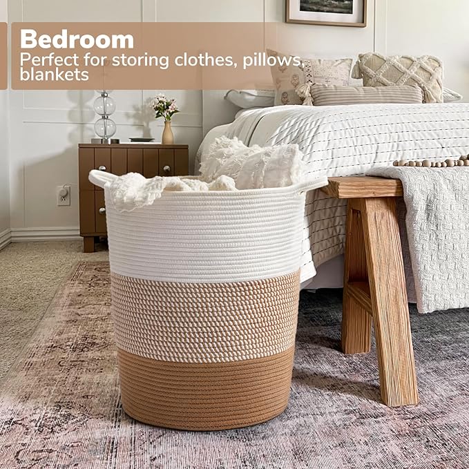 INDRESSME Large Rope Basket - Tall Laundry Basket Hamper for Dirty Clothes Woven Jute Storage Baskets for Blanket in Living Room Toy Baskets for Nursery Storage, 17¾ x 15¾ x 13¾ inches