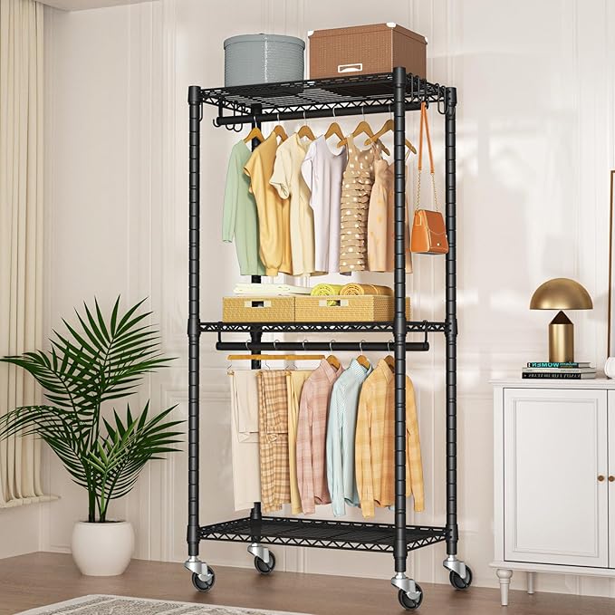 FUTASSI P3 Mini Rolling Clothes Rack, Clothing Racks for Hanging Clothes, Heavy Duty Garment Rack with Wheels, Freestanding Portable Closet Rack 23.6'' W x 14'' D x 78.5'' H, Max Load 430 Lbs, Black