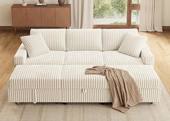 HONBAY Sectional Sleeper Sofa with Pull Out Bed, L Shaped U Shaped Couch with Storage Ottoman, Velvet White