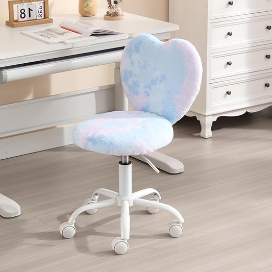 Kmax Kids Reading Chair, Rolling Cute Desk Chair for Girls Swivel Office Chair with Wheels & Heart Back Adjustable Childrens Vanity Chair for Bedroom Reading Room - Fur, Baby Blue