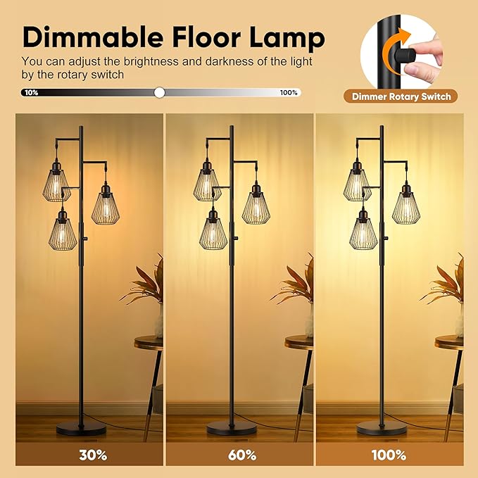 QiMH Industrial Floor Lamps for Living Room, Tree Standing Lamp with Stepless Dimmable, 68" Modern Tall Lamps for Bedroom Study Home Office, Rotary Switch, 3 LED Bulb Included, Black