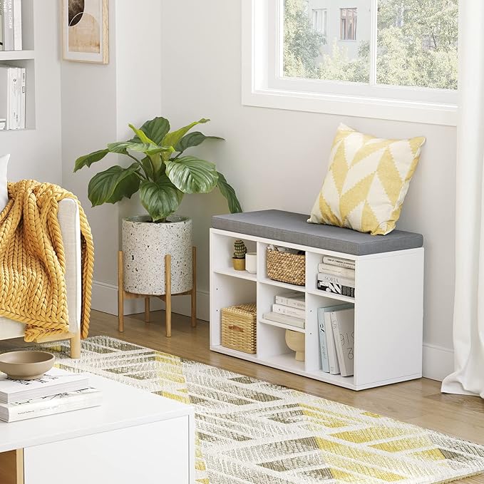 DINZI LVJ Shoe Storage Bench with Cushion, Cubby Shoe Rack with 9 Cubbies, Adjustable Shelves, Multifunctional Shoe Organizer Bench for Entryway, Mudroom, Hallway, Closet and Garage, White