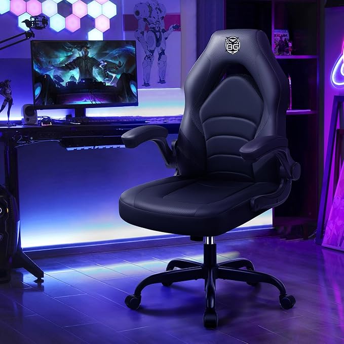 Gaming Chair, Leather High-Back Home Office Desk Chair with Flip-Up Arms, Ergonomic Padded Rolling Wheels Swivel Tilt Gamer Computer Chair with Comfy Lumbar Support, Height Adjustable, Black