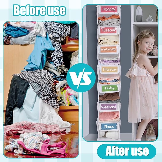 2 Pack 7 Shelf Weekly Clothes Organizer Hanging Closet for Kids with Side Pockets Weekday Shoes Rack Weekly Clothes Organizers Monday Through Weekend Foldable Storage Shelves(White)