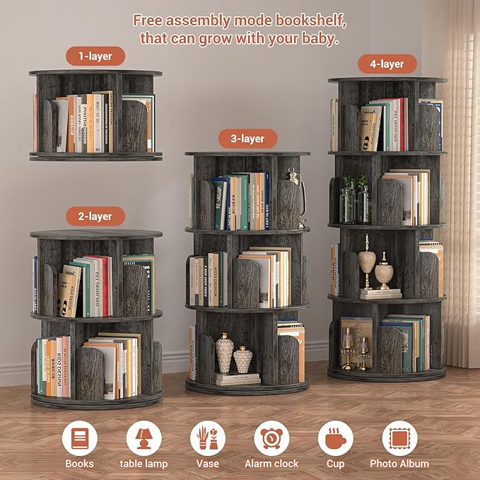 Rotating Bookshelf, Wood Corner Bookshelf, 360 Display Spinning Bookcase Storage Rack, 4 Tier Floor Standing Revolving Bookcase Narrow Book Shelf Organizer for Small Space, Bedroom, Grey Oak