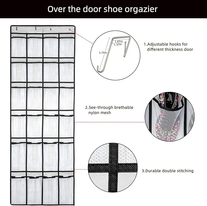 Over The Door Shoe Organizer, Hanging Shoe Organizer with 24 Mesh Large Pockets Door Shoe Rack Organizer for Men Women Kids Hanging Shoe Storage Bag.(White