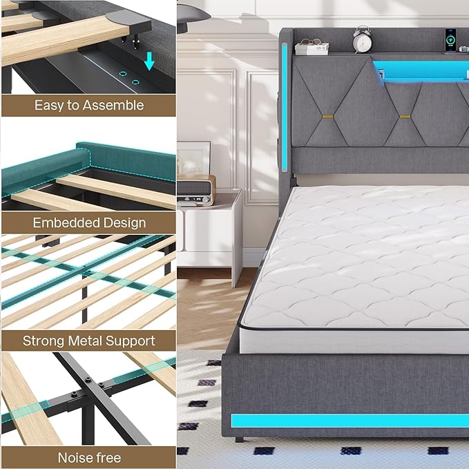 Queen Bed Frame with Headboard, Platform Bed Frame Queen Size with LED Lights & Charging Station, Upholstered Bed Frames with Storage Headboard, No Box Spring Needed, Easy Assembly, Gray