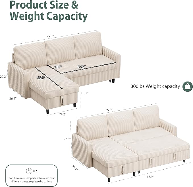 Shintenchi Sofa Couch, Pullout Sofa Bed,2 in 1 Pull Out Couch Bed with Storage Chaise for Living Room,Sleeper Sofa Couches Linen Sectional Sofa,White