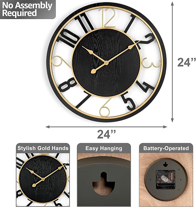 Sorbus 24-Inch Large Wall Clock – Wooden Decorative Clock for Living Room, Kitchen, Bedroom, Office – Easy to Hang Analog Wall Art (Black)