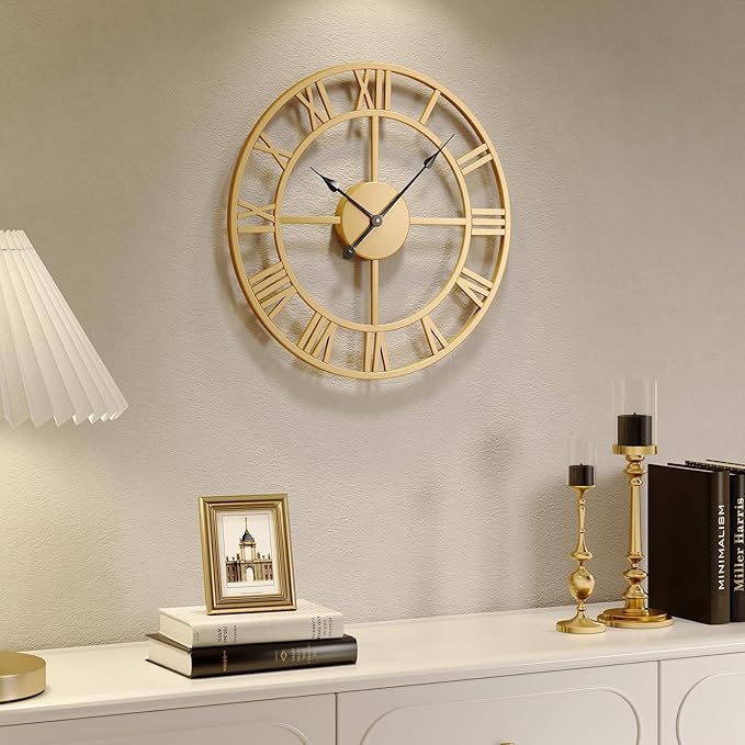 Gold Wall Clock 16 Inch Metal Decorative Clock for Living Room, Battery-Operated Completely Silent Non Ticking Round Modern Wall Clock -Roman Number
