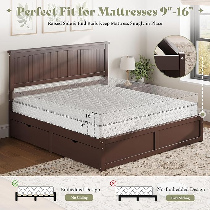 AMERLIFE Queen Size Solid Wood Bed Frame with 50" Tall Headboard, Mid-Century Modern Bed with Storage, Wooden Platform Bed Frame with 2 Drawers, No Box Spring Needed, Espresso