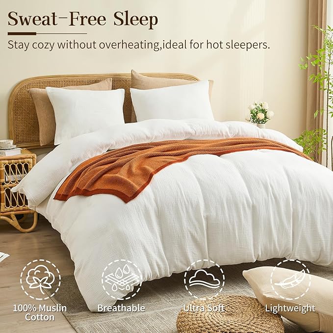 MEISHANG Muslin Duvet Cover Queen Size - 100% Organic Cotton, Soft Textured Gauze Weave Comforter Cover for Breathable All-Season with Zipper Closure - 3 Piece Set (Queen, White)